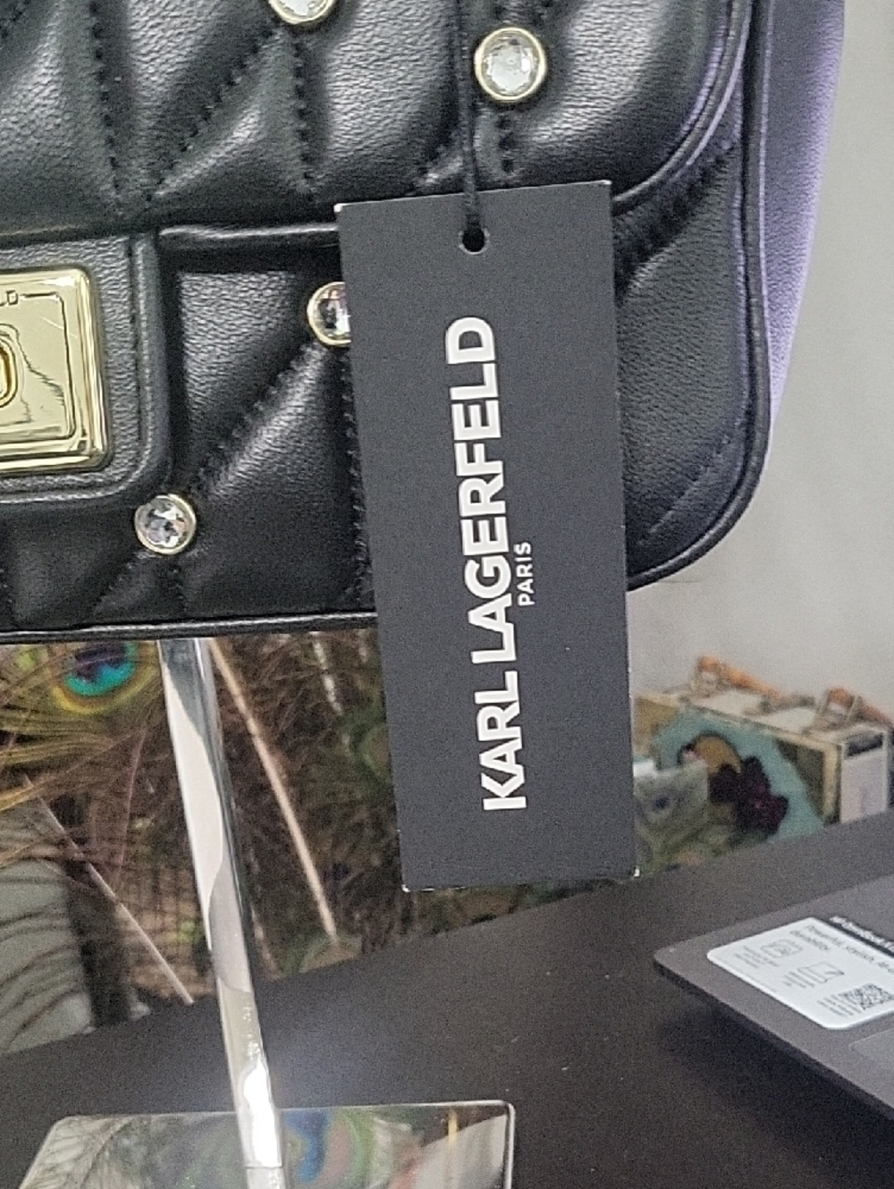 Karl Lagerfeld Black Quilted Shoulder Bag with Gold Chain and Crystal Accents - Picture 2 of 14
